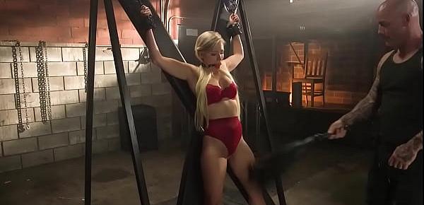  Bound blonde sub in lingerie whipped